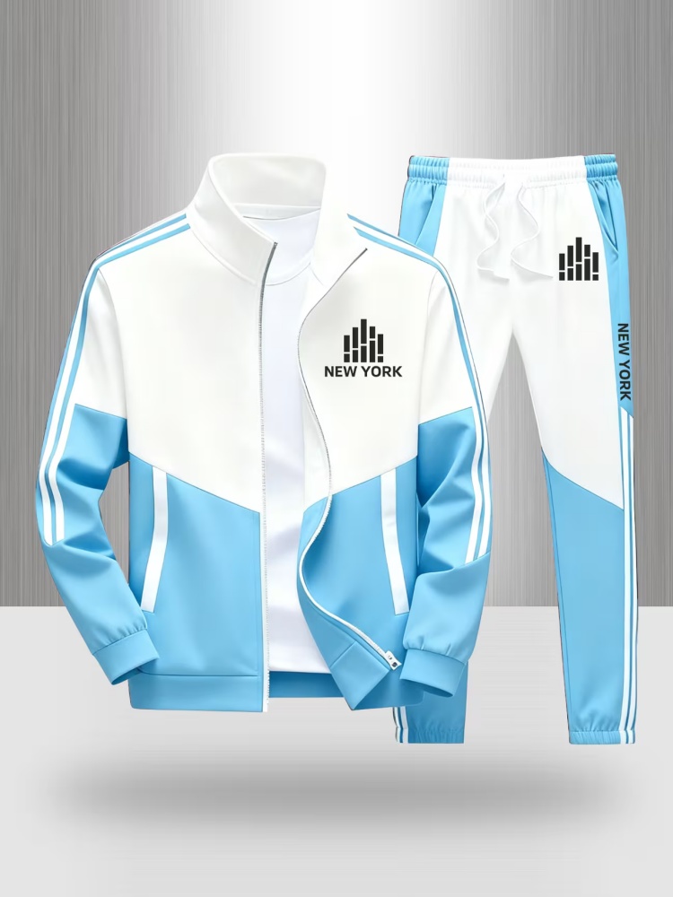 Ensemble de survêtement pour homme, veste zippée et pantalon de jogging à blocs de couleurs, imprimé New York, tenue de sport décontractée en deux pièces.