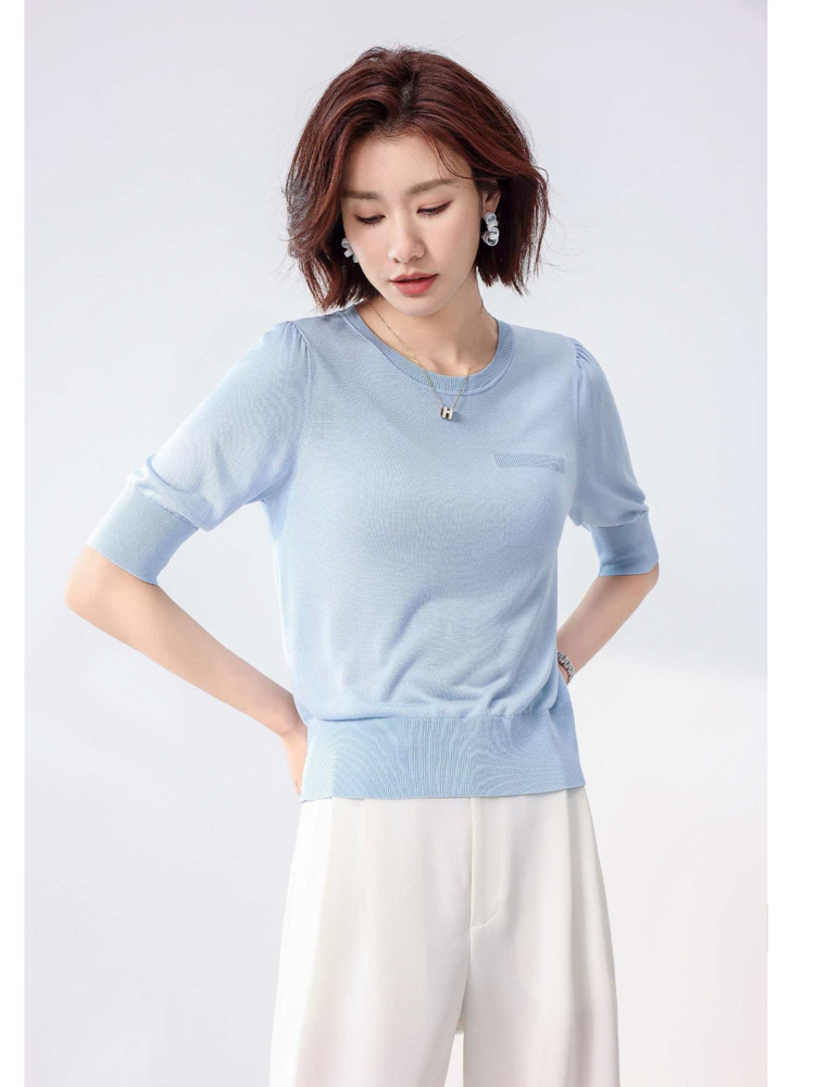 T-shirt en tricot de soie de mûrier 5% pour femme, fin, à manches mi-longues, collection printemps-été