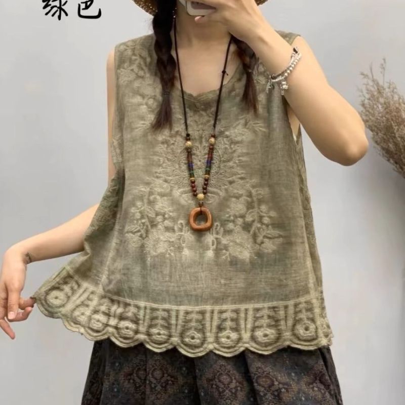 Vêtements Vintage en Dentelle Brodée pour Femme, Coton Solide, Précieux, Décontracté, Col Rond, Fin, Glace de Plage, Été, 2024