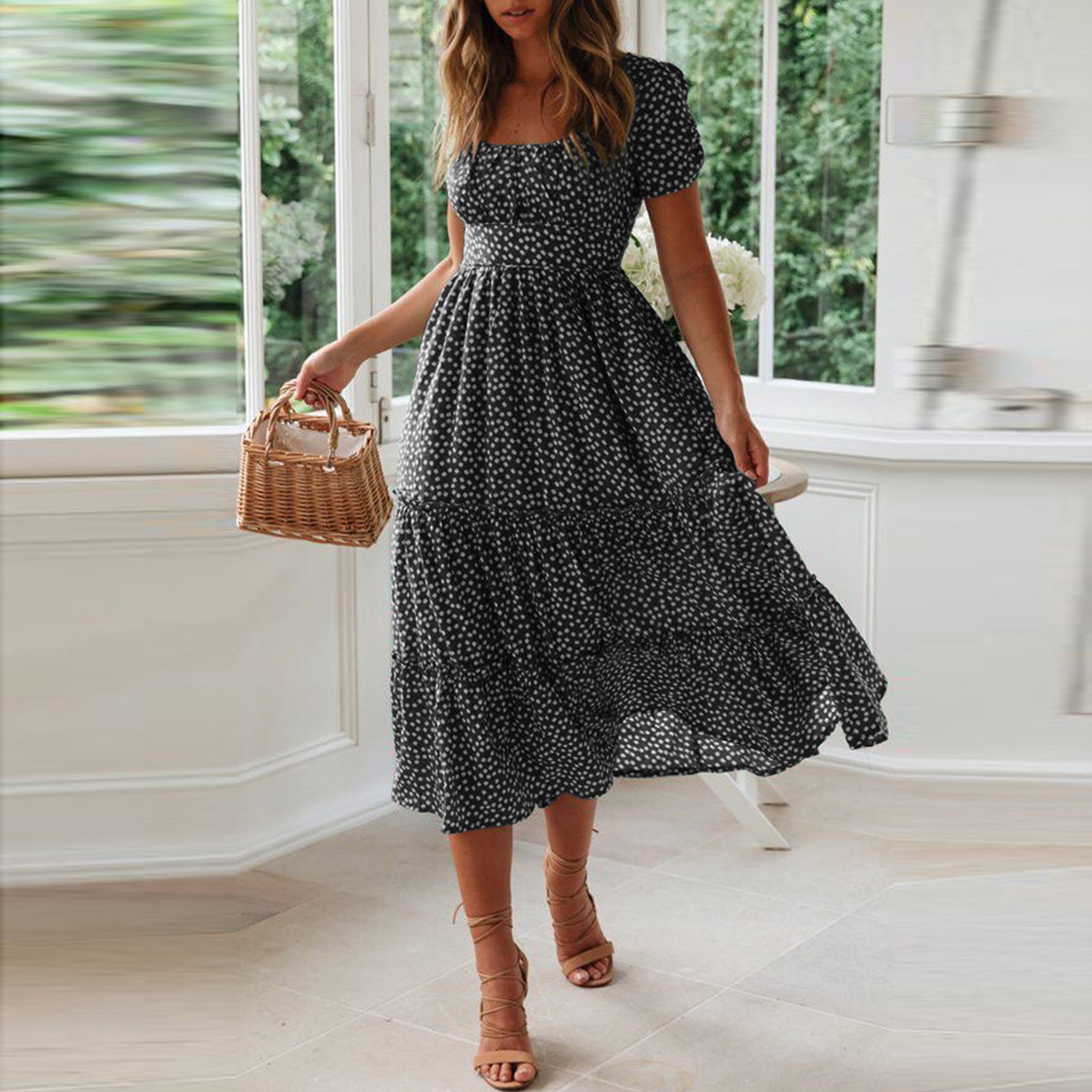 Robe d'été à fleurs fragmentées pour femmes, manches courtes évasées, décontractée, fluide, mi-longue, tempérament élégant, robes de soirée, tendance 2024