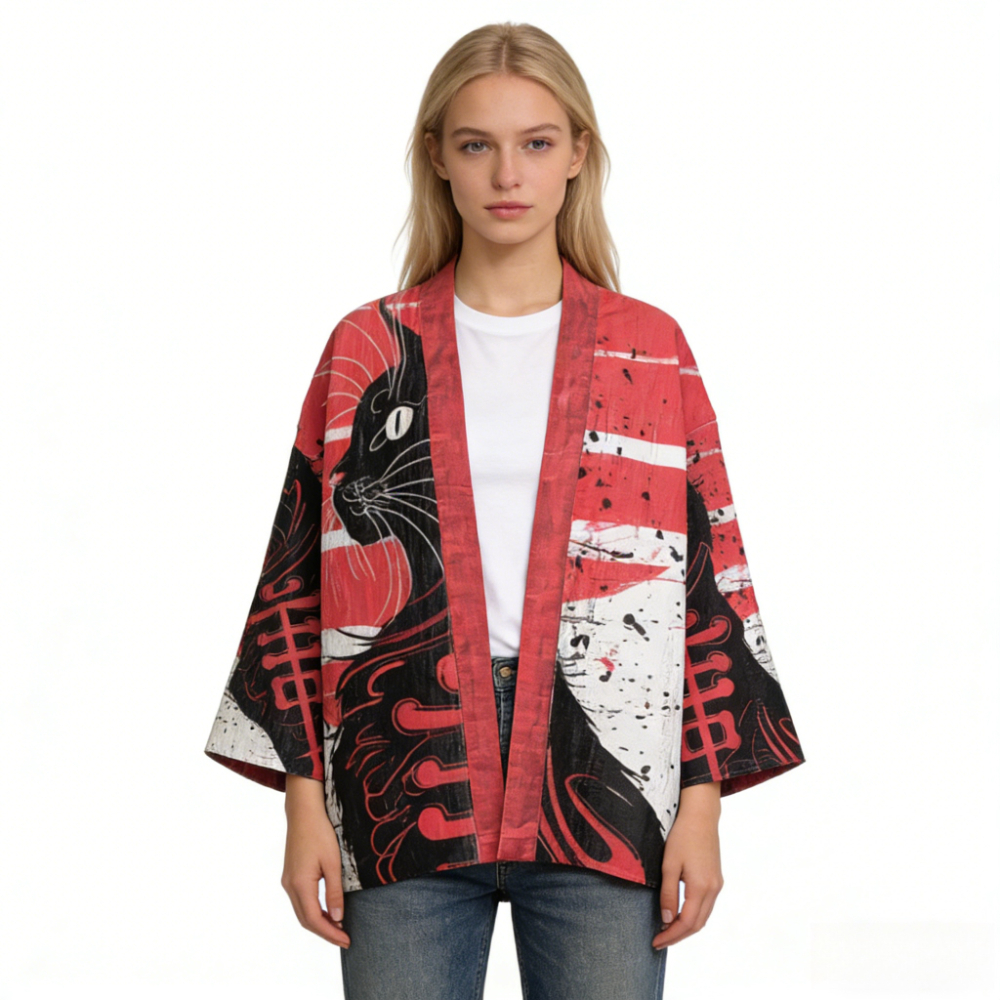 Cardigan Kimono Ukiyo-e Japonais à imprimé Baleine et Vague, Robe ouverte sur le devant, Légère en Coton, Cache-maillot de plage, Veste de détente ouverte sur le devant
