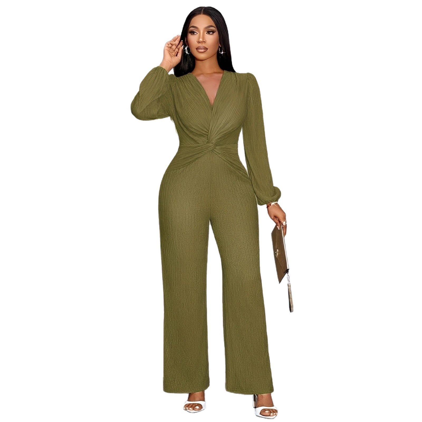 Combinaison en maille côtelée pour femme, col en V profond, taille torsadée, manches longues bouffantes, pantalon large taille haute, élégante pour soirée, fête ou tenue décontractée