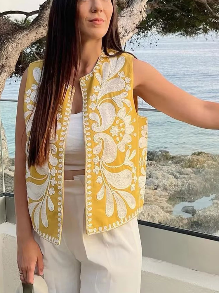 HH – gilet brodé pour femmes, Vintage, décontracté, sans manches, Cardigan, haut à la mode, motif Floral brodé, Y2k