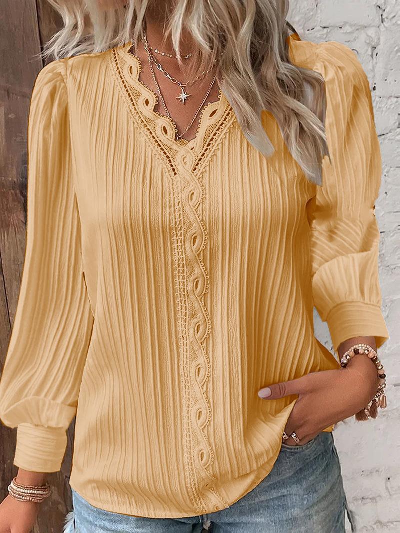 T-shirt à manches longues pour femmes, col en V, coutures en dentelle, monochromatique, bureau, élégant, décontracté, coréen, haut, t-shirts