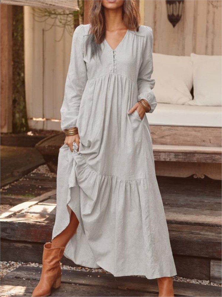 Robe longue en coton et lin pour femmes, Style Vintage, décontractée, col en V, manches longues, ample, Maxi, vêtements élégants pour femmes