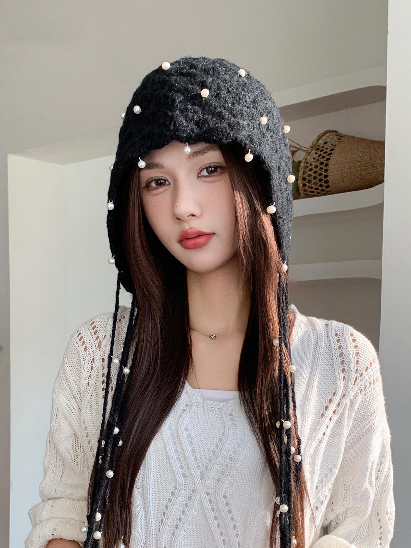 Baotou – chapeau tricoté avec pendentif en perles creuses pour femme, nouveau Style ethnique, Look rétro, petit chapeau tricoté polyvalent, automne/hiver 2025