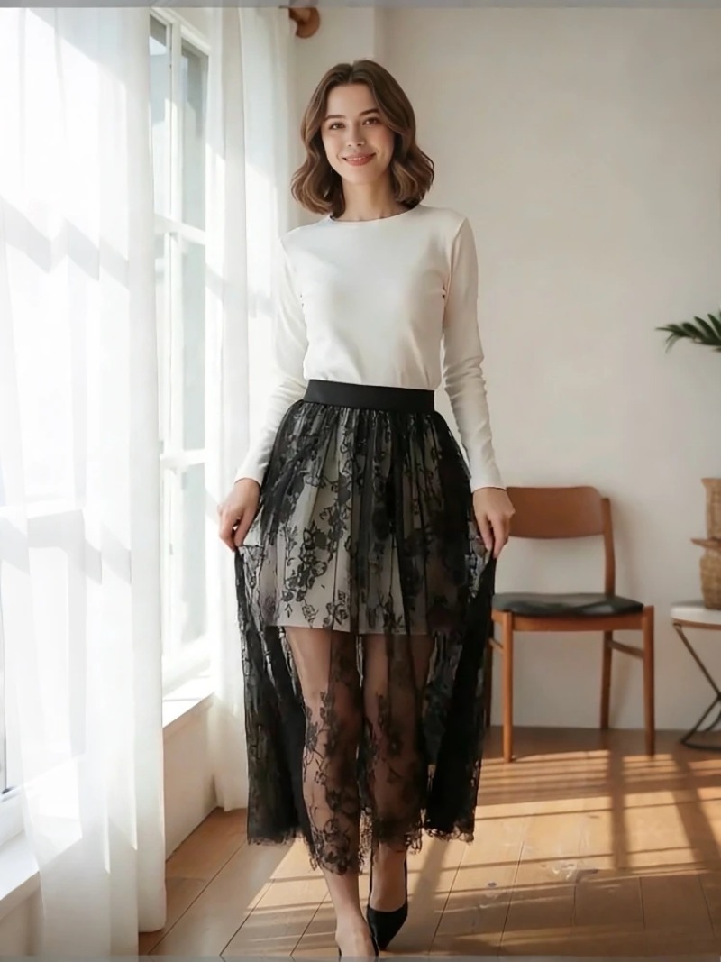 Jupe longue élégante noire en dentelle blanche transparente, jupe longue en tulle, jupe midi de plage à taille haute élastique pour femmes, livraison directe