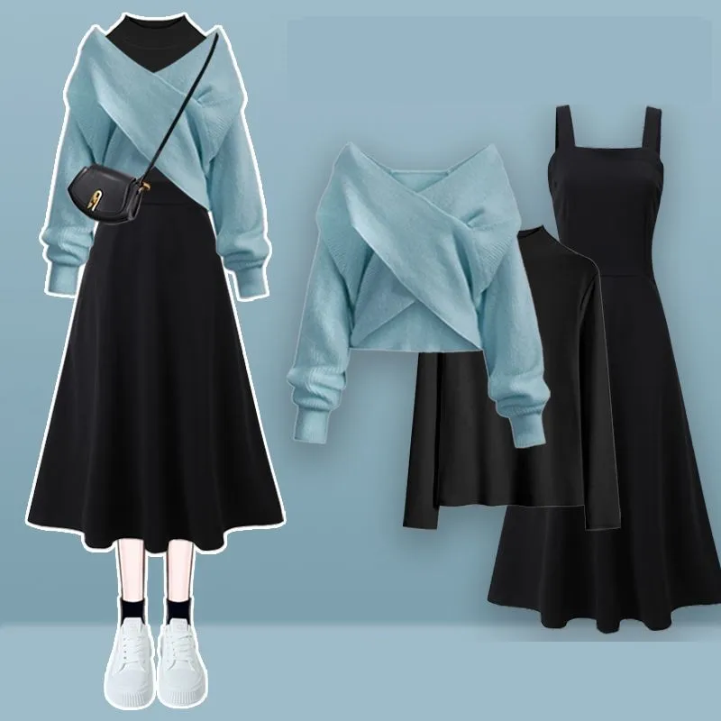 Femmes printemps automne nouveau Vintage tricot pull + chemise + sangle robe Midi 3 pièces costume 2025 coréen élégant pull robe correspondant ensemble