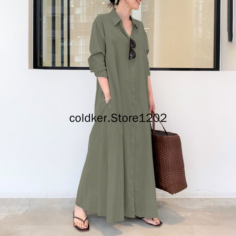 Longue robe de plage pour femmes, style Boho, décontractée, Simple, couleur unie, revers, manches longues, poches, soirée, large, Maxi, 2022