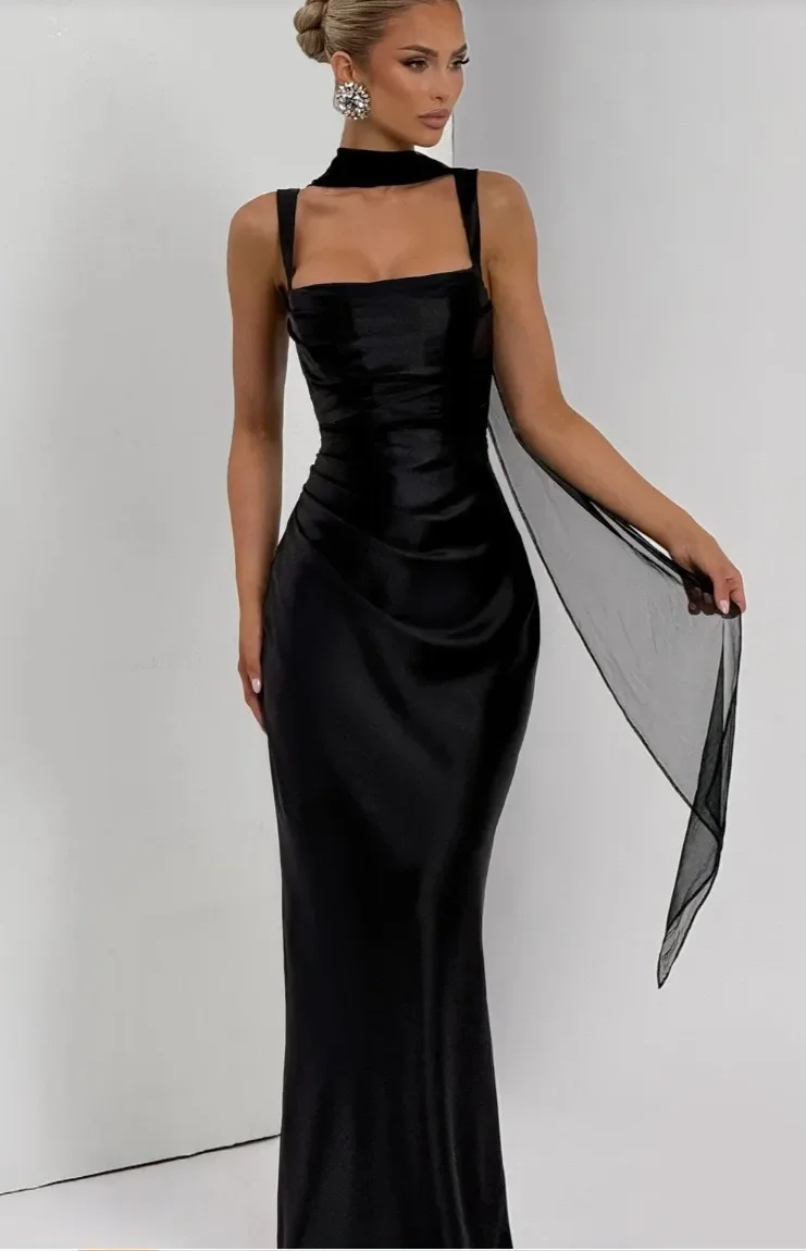 Robe longue plissée à col écharpe pour femmes, élégante, Sexy, couleur unie, sans manches, épaules dénudées, Slim, robe de soirée, 2026