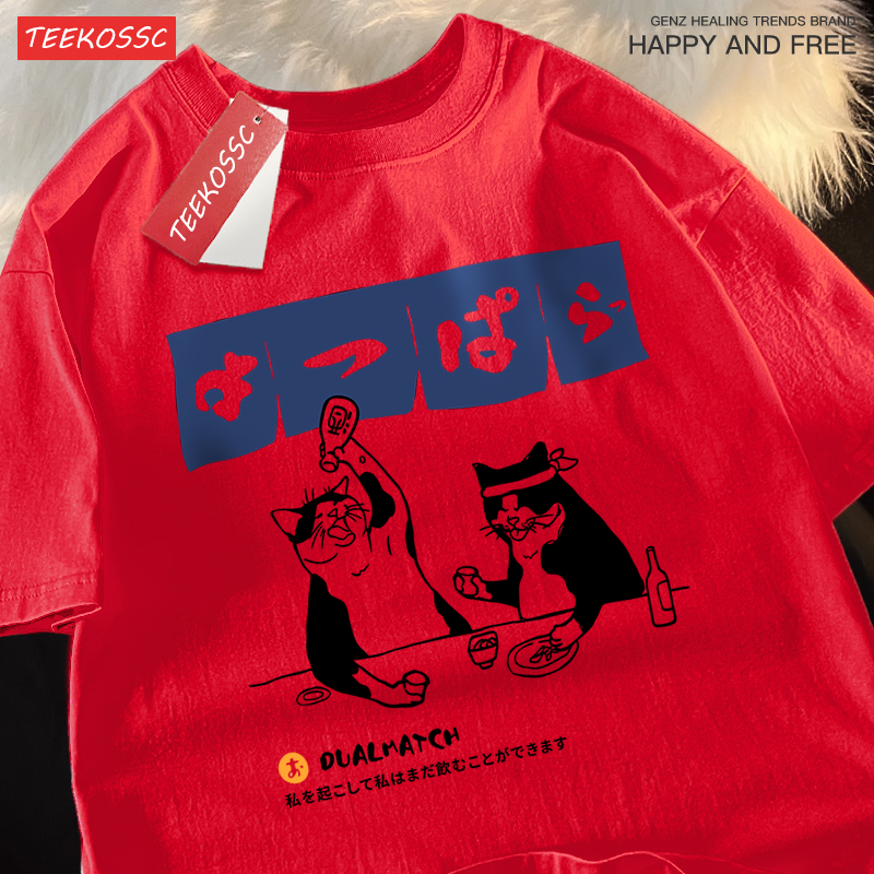 Harajuku japonais chat boire hauts hommes mode col rond T-Shirt rue été surdimensionné vêtements Hip Hop Sweat coton t-shirts