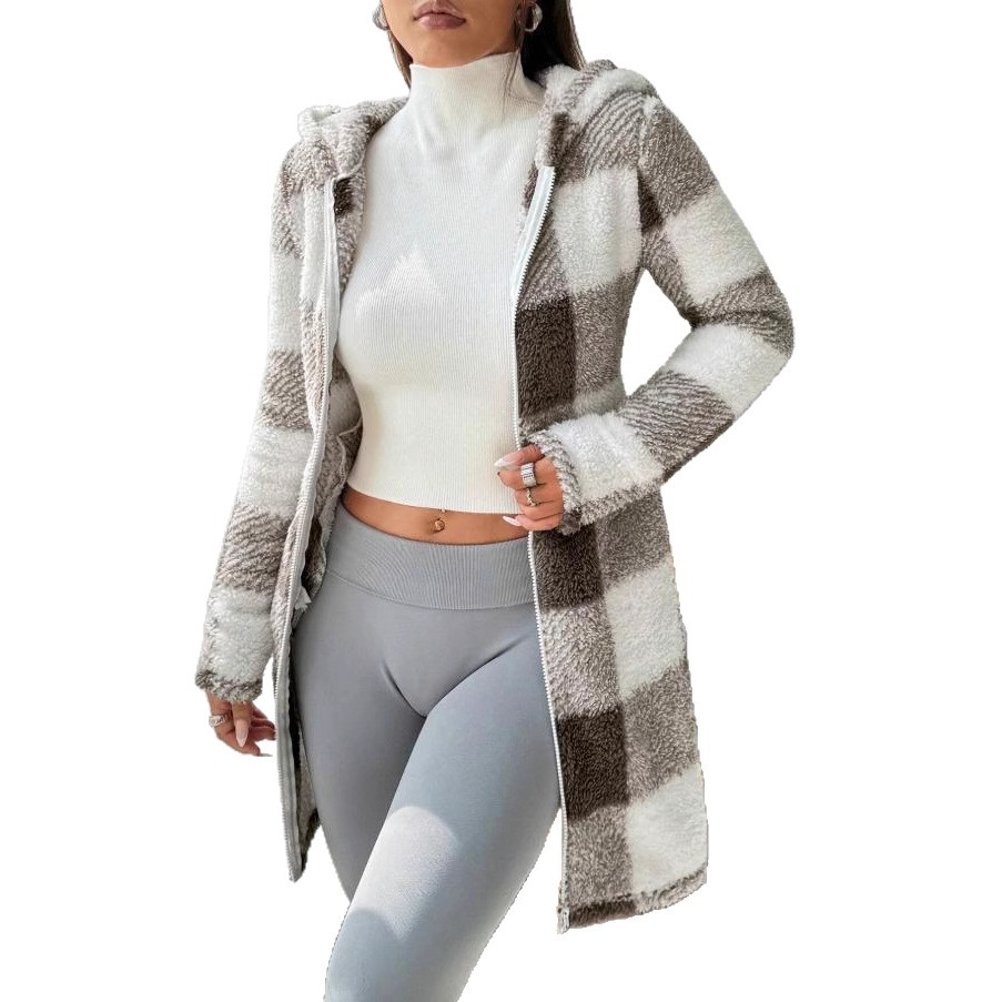 Femmes manteaux hiver Manteau hiver chaud en peluche poche Manteau femmes Plaid imprimé à capuche longue fermeture éclair Cardigan Sobretudo Feminino Inverno