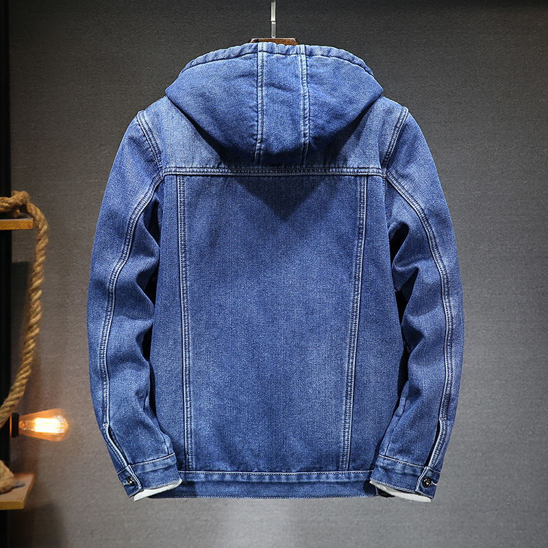Veste en jean à capuche pour homme, manteau rétro, coupe-vent épais et chaud en velours, automne et hiver