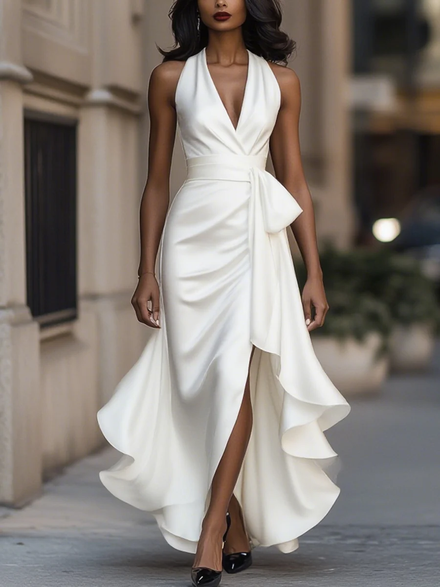 Robes de soirée élégantes pour femmes à col en V profond, volants, taille haute, en satin, avec lacets, pour invitées de mariage