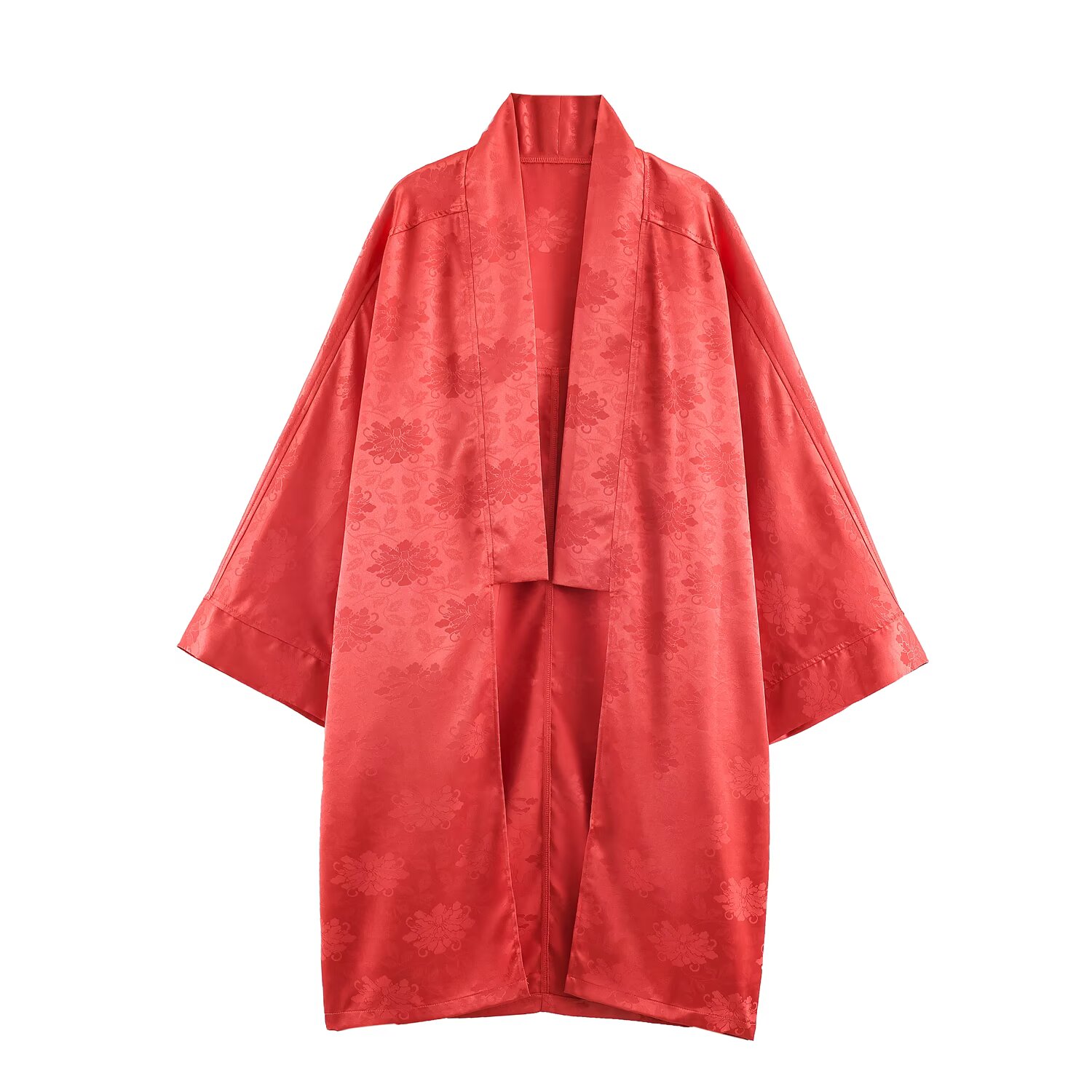 Cardigan long en satin pour femme, style vintage streetwear, imprimé floral rouge, manches chauve-souris, coupe ample et décontractée, collection été 2026