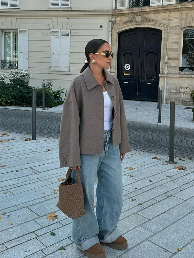 Manteau en laine gris décontracté pour femme, Chic, revers, manches longues, poches à simple boutonnage, veste courte, pardessus de rue, automne