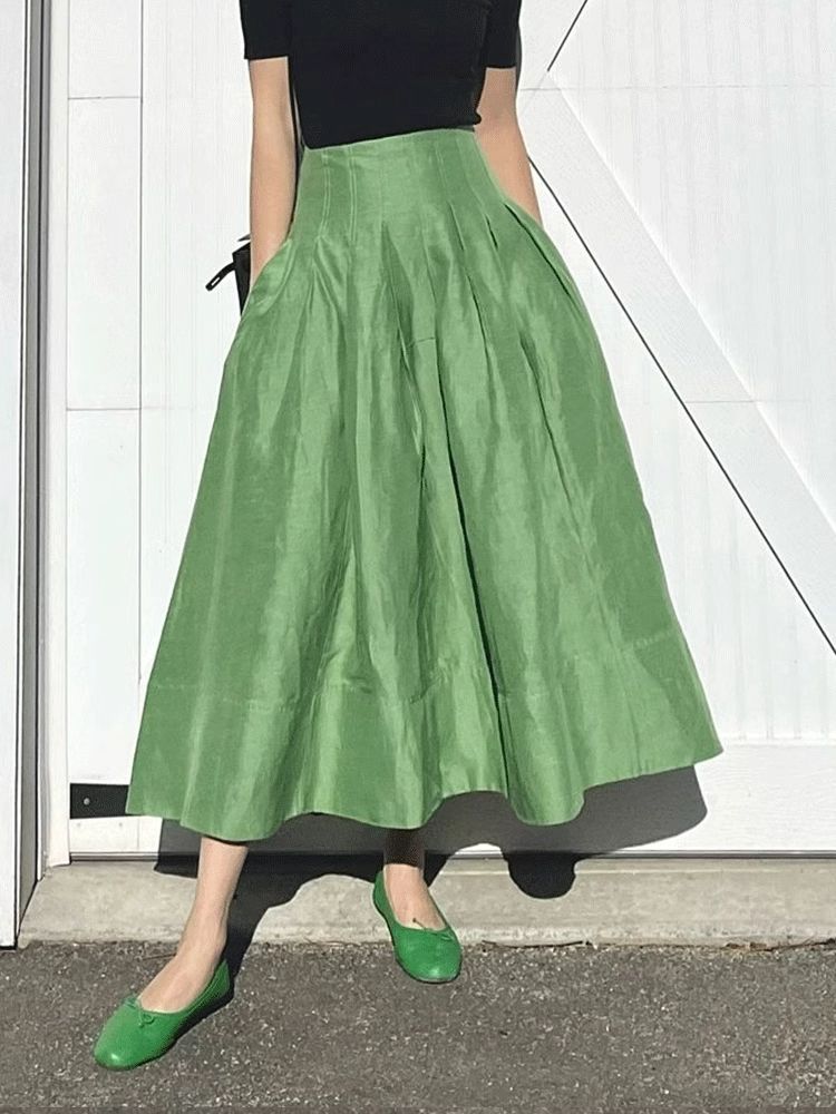 Faldas Mujer Moda rétro tempérament vert taille haute mince grand parapluie jupes poche femmes plissé longue décontracté