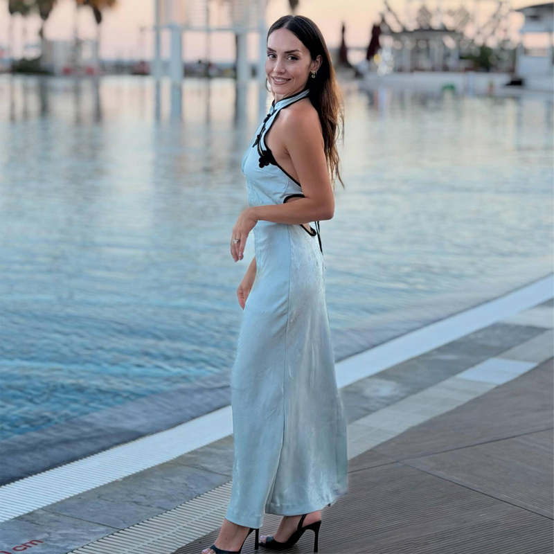 Robe longue jacquard dos nu pour femme, style halter, avec nœud chinois, idéale pour les soirées d'été