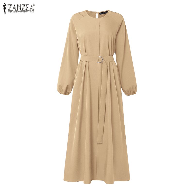 Robes Abaya Hijab Musulmanes Modestes ZANZEA pour Femmes – Élégante Robe Longue à Col Rond et Manches Longues avec Ceinture, Couleur Unie, Coupe Ample, Style Dubaï, Ramadan