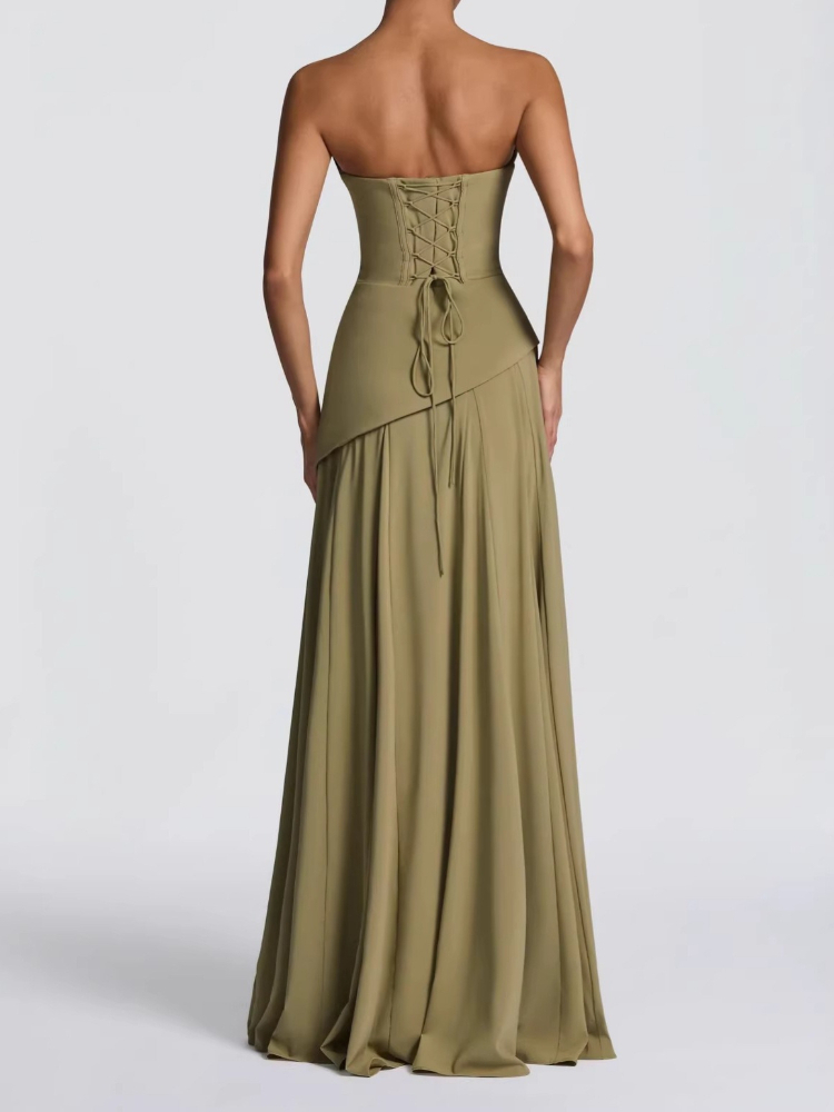 Robe de soirée élégante en mousseline simple, sans bretelles, col drapé, détail drapé, dos lacé, écharpe convertible, robe longue pour bal et mariage