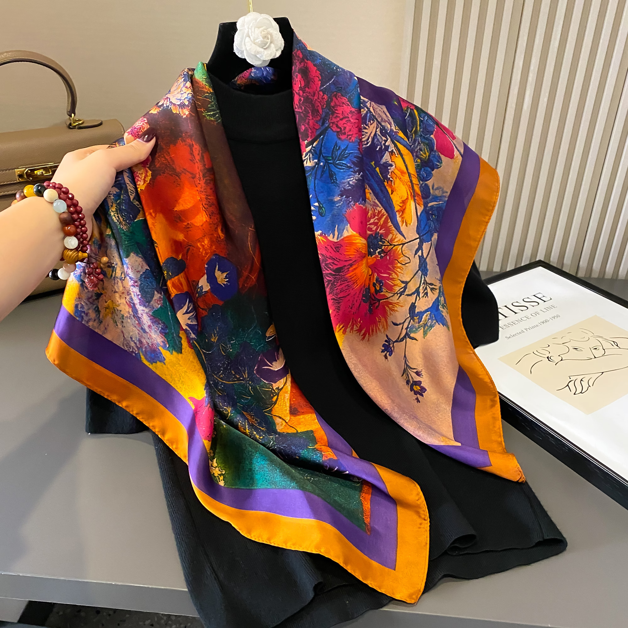 Foulards de tête imprimés pour femmes, Foulard quatre saisons carré en Satin pour dames, châles 90x90, Foulard en soie, Hijab musulman, dernière conception