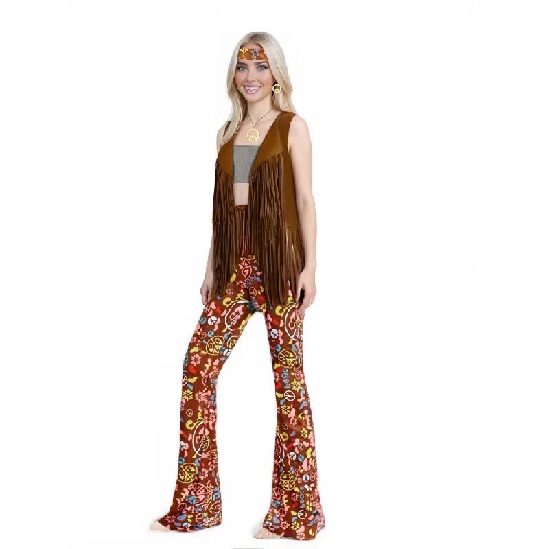Costume pour femmes des années 60 et 70, tenue disco hippie, veste à franges, pantalon bohème, ensemble d'accessoires pour adultes, Halloween, Mardi Gras, carnaval