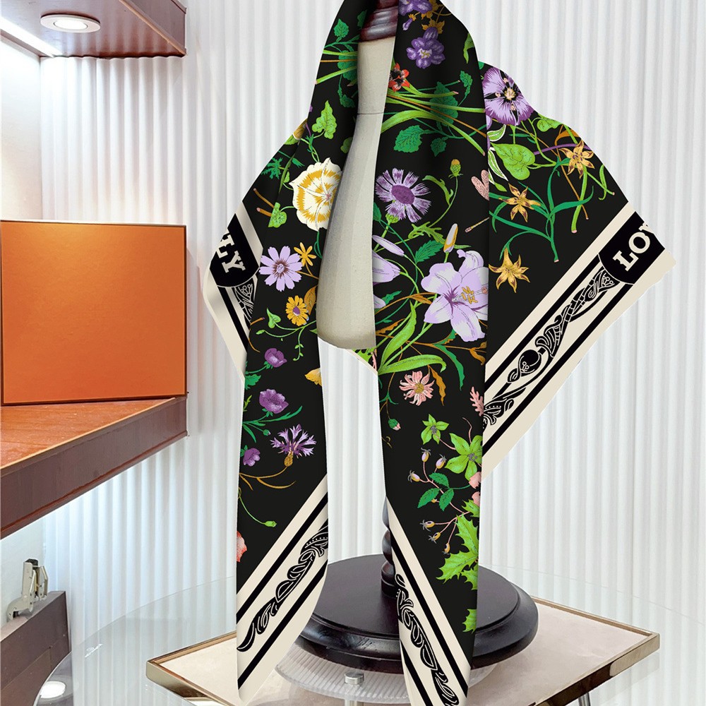 Nouvelle Écharpe de 90 cm à Imprimé Floral pour Femme, Foulard Carré en Twill, Châle de Voyage Décoratif, Protection Solaire, Mode et Élégance Printemps Automne
