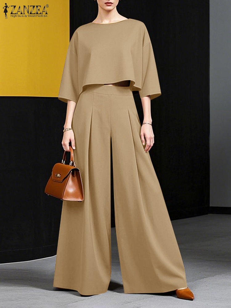ZANZEA été 2 pièces femmes pantalons ensembles mode correspondant ensembles 3/4 manches Blouse ample jambe large pantalon costume élégant travail OL tenues