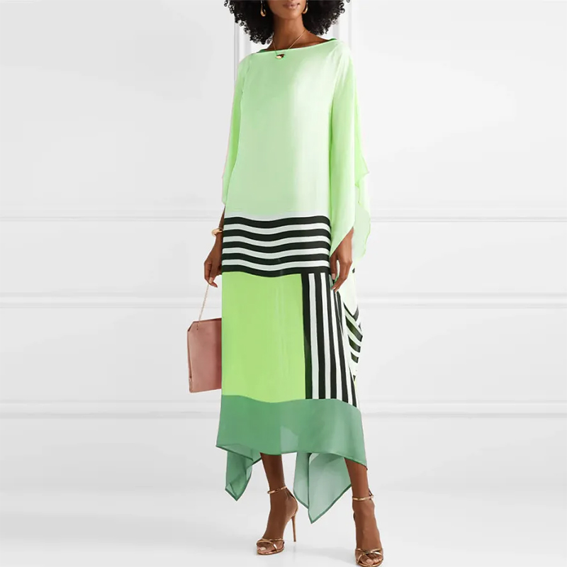Robe longue irrégulière à col rond pour femmes, manches chauve-souris, robe maxi Boho, patchwork, imprimé rayures bonbons, caftan, printemps, été