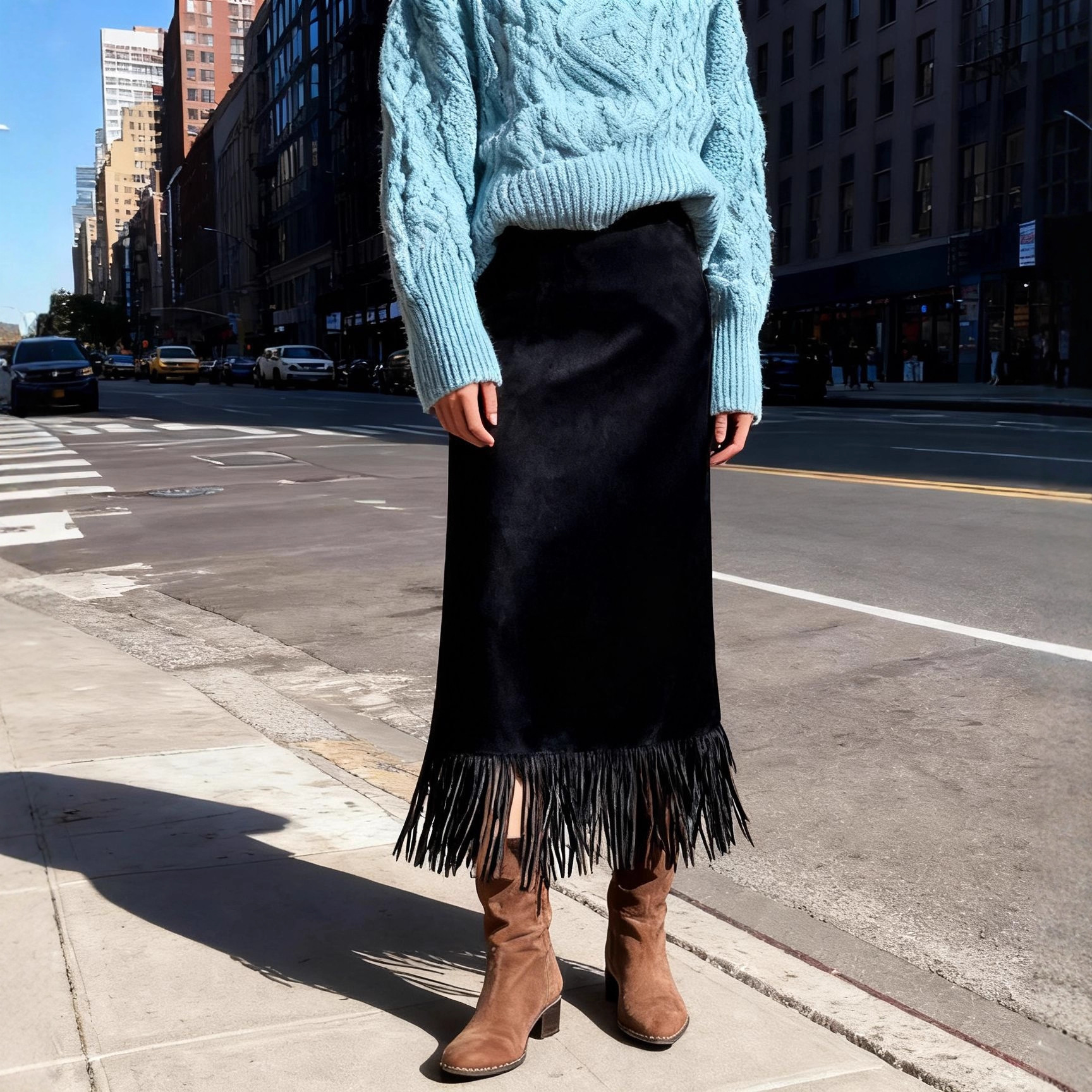 Jupe longue en daim à franges pour femmes, à la mode et élégante, en automne et en hiver, une jupe longue confortable et ajustée
