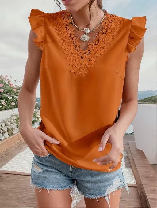 Chemisier élégant pour femme avec dentelle, sans manches, tunique d'été, adapté au bureau, chemisier à col en V