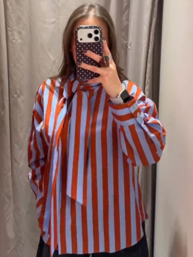 Chemisier Popeline Rayé Ample et Polyvalent à Manches Longues et Nœud Décoratif pour Femme – Collection Printemps