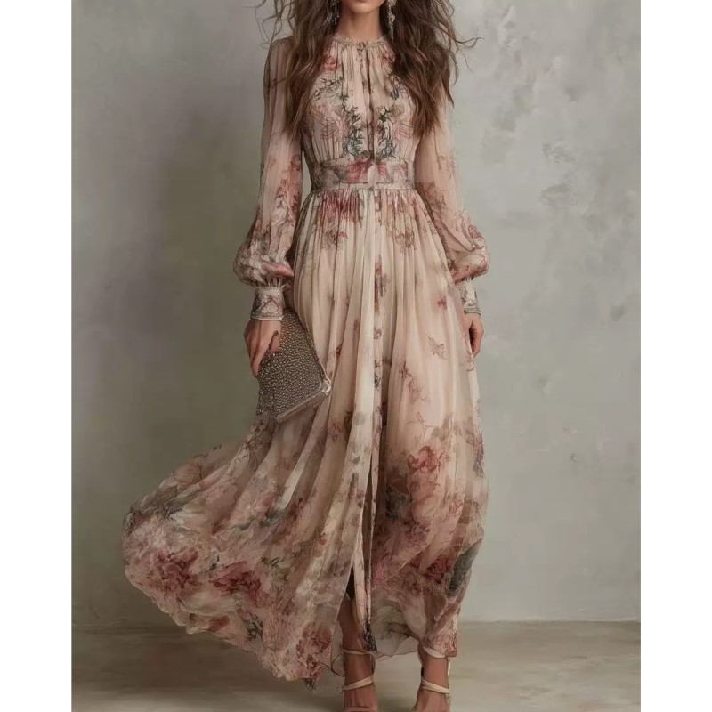Robe bohème élégante à imprimé floral, taille haute, pour femmes, col rond, ourlet ample, manches longues, robe de vacances, vestidos.