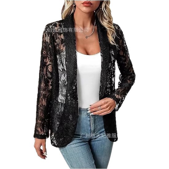 Nouvelle veste-cardigan élégante pour femme printemps/été, style petit tailleur, couleur unie, dentelle ajourée, manches longues, col à revers, chemise-veste Soat