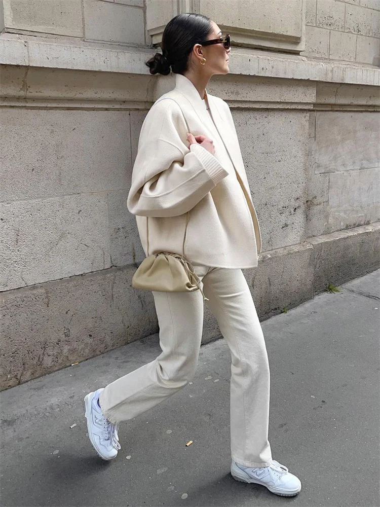 Manteau court en laine patchwork pour femmes, pardessus décontracté, streetwear, cardigan adt, manches longues, vêtements d'extérieur monochromes, Y2K, 2024