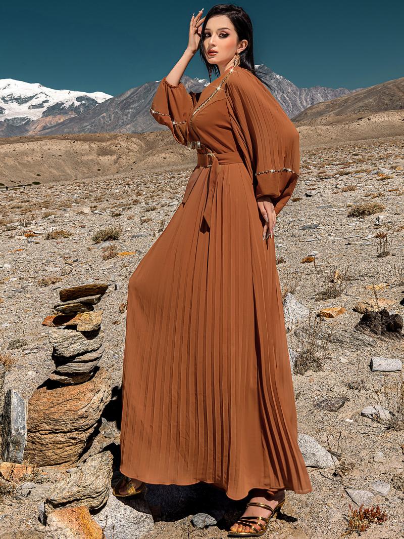 Robe plissée en perles pour femmes musulmanes arabes, faite à la main, col en v, ceinture de tempérament, Robe de cérémonie, nouvelle collection