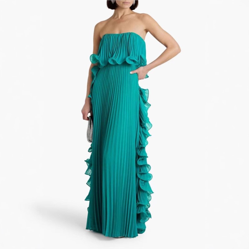 Robe de vacances d'été pour femmes, longue robe formelle en mousseline de soie plissée Orange, sur mesure, à volants, sans bretelles, robe de soirée sur la plage