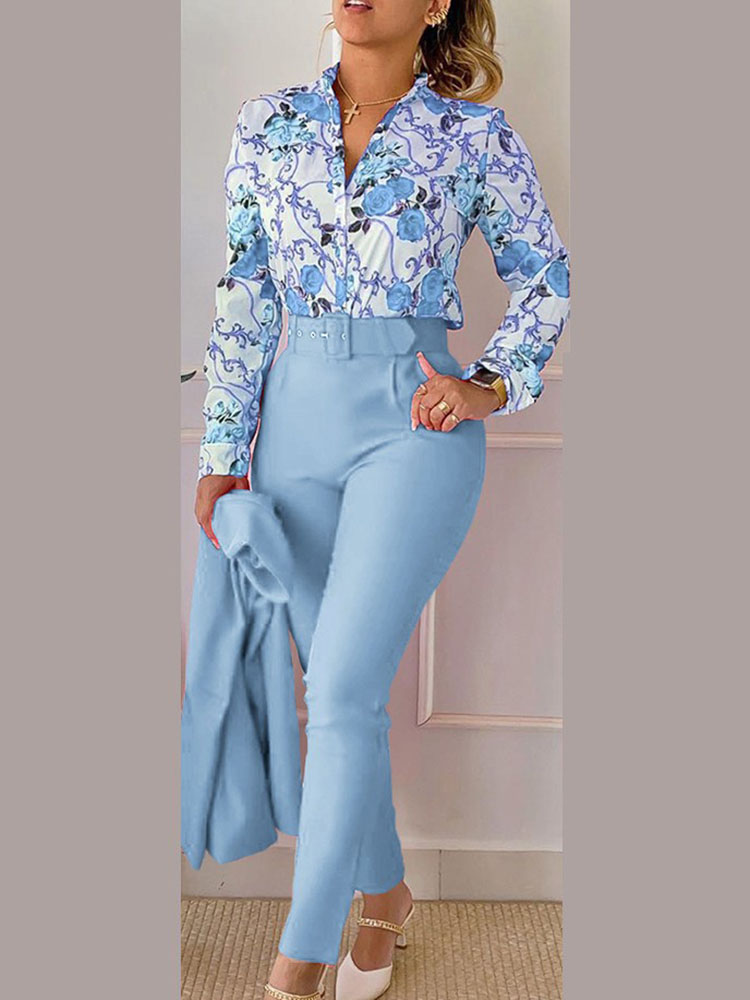 Costume chemise imprimé à manches longues pour femmes, Slim, taille haute, à lacets, élégant, pantalon crayon de bureau, ensemble deux pièces, printemps été