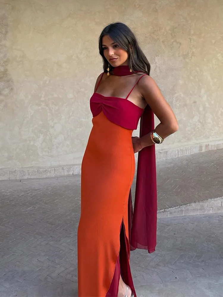 Nouvelle Robe Longue Chic Femme 2026 à Col Écharpe Color Block, Sexy, Fendue, Moulante, avec Taille Cintrée, pour Soirée