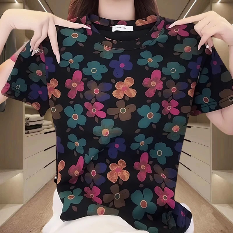 T-shirt en coton à imprimé floral pour femme, col rond, style rétro décontracté, manches courtes