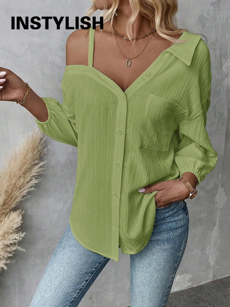 Chemise élégante pour femmes, épaules dénudées, trois quarts, chemisier sexy, décontracté, boutons unis, chemise ample, hauts de bureau pour femmes, streetwear, tuniques