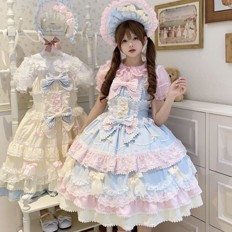 Robe Lolita douce pour femmes, couleur unie, avec volants, dentelle, nœud, patchwork, style princesse Kawaii, longueur genou, élégante, pour toutes les saisons, cosplay