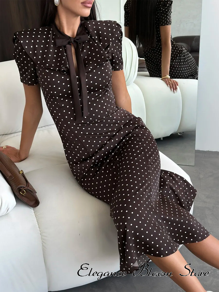 Robe midi pour femme à pois, col à nœud, manches courtes bouffantes, robe moulante à queue de poisson, robe de soirée décontractée et vintage.