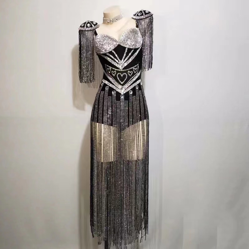 Tenue rave pour femmes, tenue de célébration, Showgirl, pompon en cristal, vêtements de scène, robe de danse de chanteur, tenue de spectacle d'événement