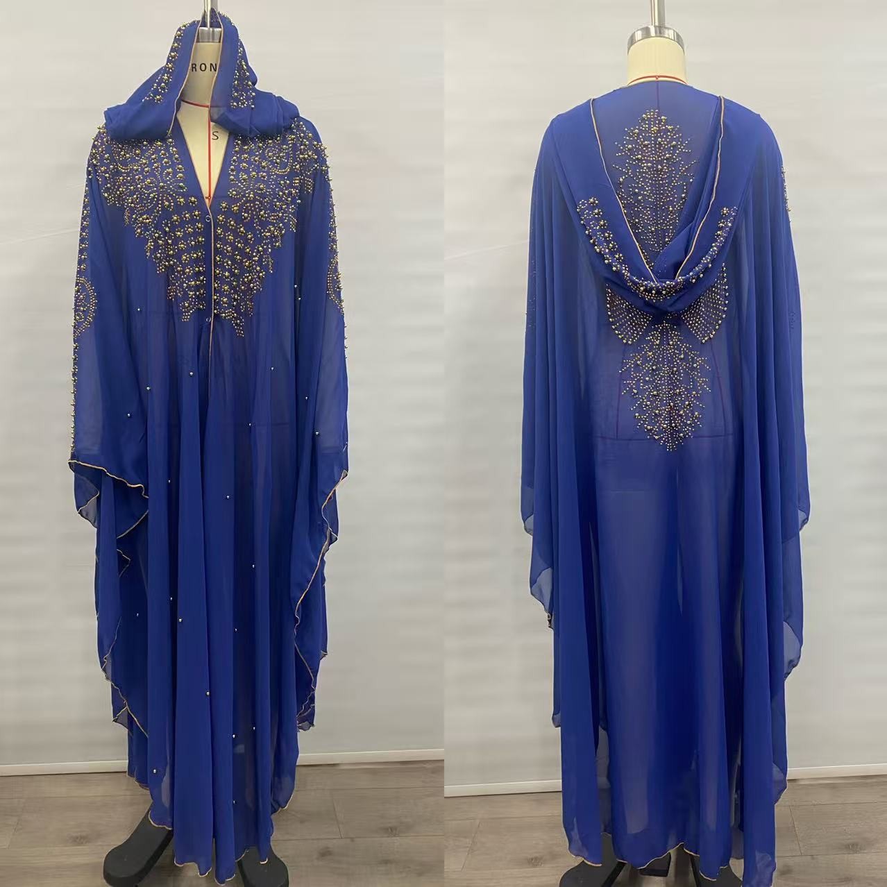 Robe longue 137 cm, tour de l'épaule 153 cm, 2026, en mousseline de soie perlée, ornée de strass dorés, robe africaine, robe musulmane du Moyen-Orient 439 #