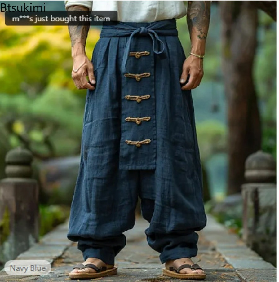 Pantalon Vintage en coton et lin pour hommes, jambes larges, décontracté, avec cordon de serrage, poches, Baggy, Streetwear, Harajuku, printemps été