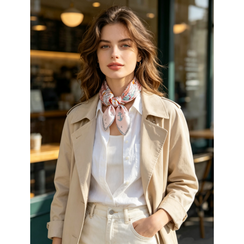Foulard carré 100% soie de mûrier, imprimé conte de fées surréaliste, rose nude, foulard élégant pour femme, bandana polyvalent
