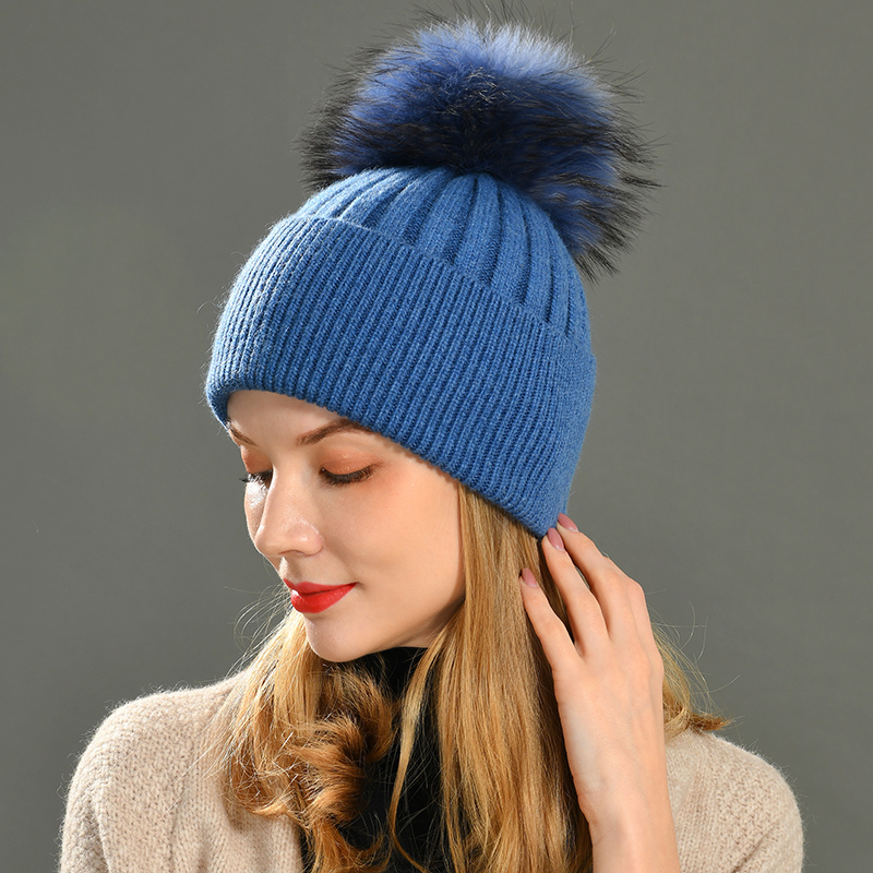 Femmes chapeau d'hiver femme amovible réel fourrure de raton laveur pompon chapeau casquette laine tricoté chapeau fourrure naturelle Pompon chapeau pour femmes bonnets