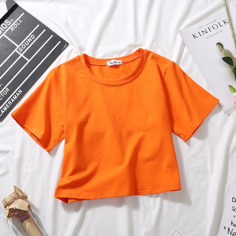 Été à manches courtes t-shirts femmes coton solide T-shirt col rond taille haute haut court T-shirt femme décontracté ample T-shirt