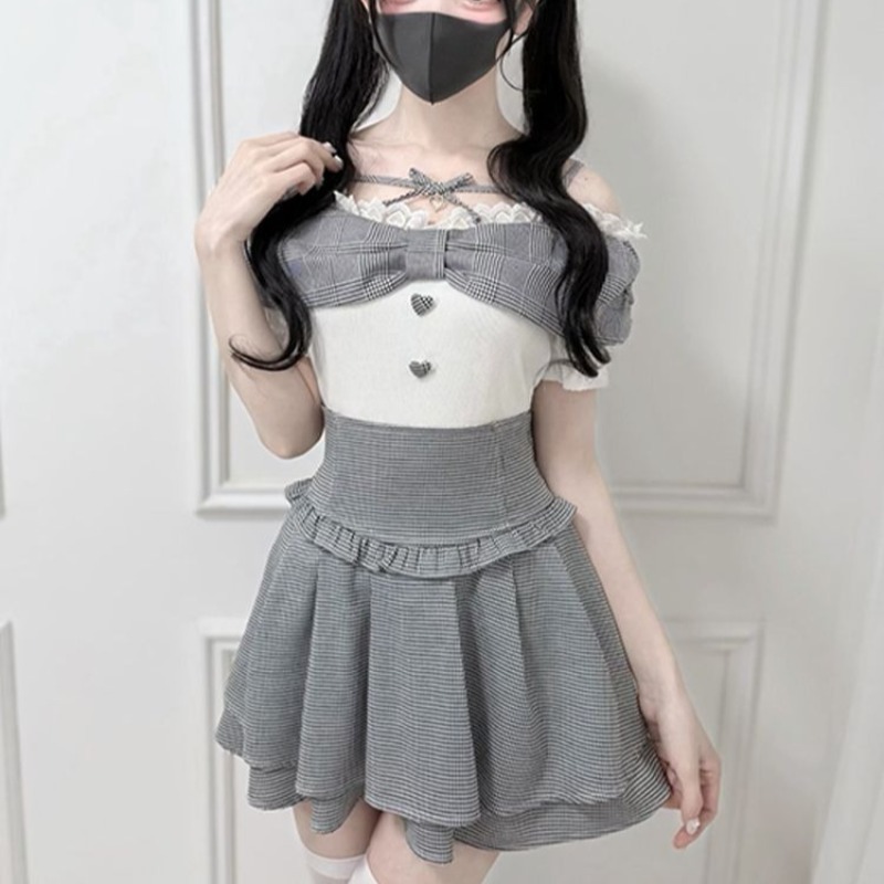 Ensemble Lolita Y2K gothique japonais style japonais avec haut en dentelle à nœud épaules dénudées et jupe écossaise taille haute Jirai Kei Ryousangata